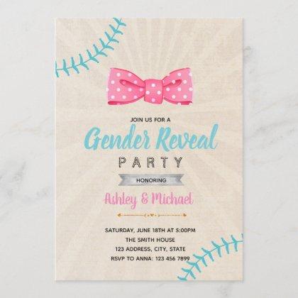 Baseball or bow gender reveal invitation