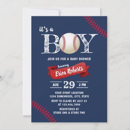 Baseball Sports Navy Blue Boy Baby Shower Invitation