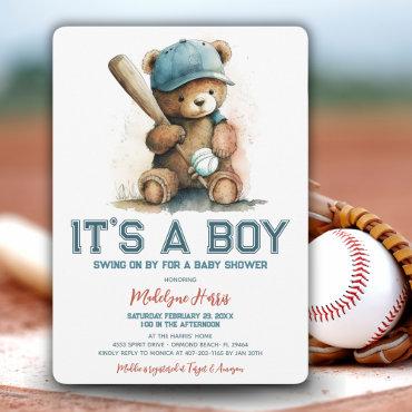 Baseball  Teddy Bear Watercolor Boy Baby Shower