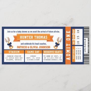 Baseball Ticket Baby Shower, Blue, Orange Invitation