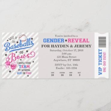 Baseballs or Bows Gender Reveal Ticket Style Invitation