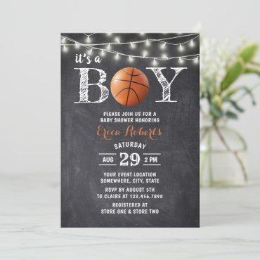 Basketball Boy Rustic Chalkboard Baby Shower Invitation