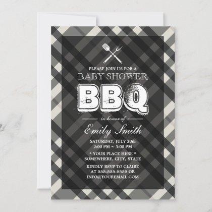 BBQ Elegant Gray Plaid Baby Shower Invitation