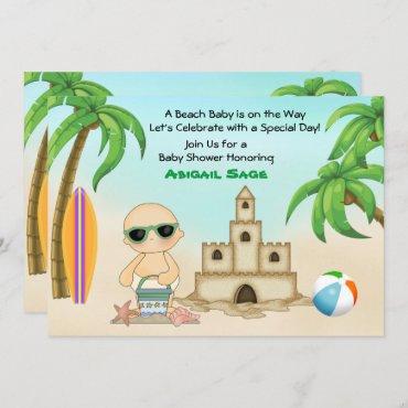 Beach Baby Sandcastle and Surfboard Baby Shower Invitation