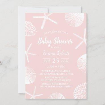 Beach Seashells Elegant Blush Pink Baby Shower Invitation