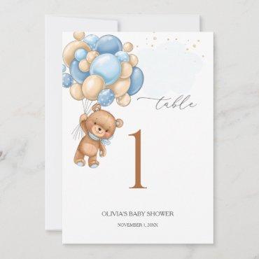 Bear Blue Balloons Baby Shower Table Number 5" x 7