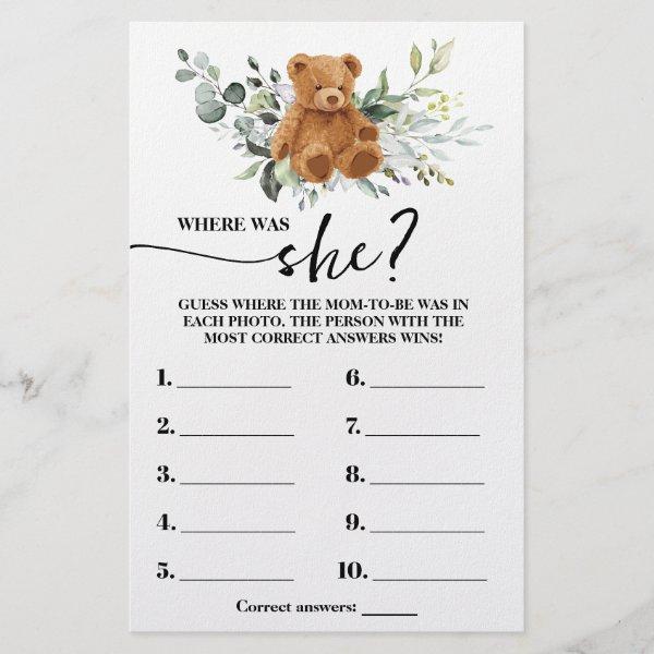 Bear Greenery Where was Mom to be Shower Game Card Flyer