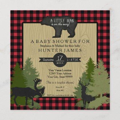 Bear Woodland Forest Lumberjack Plaid Baby Shower Invitation