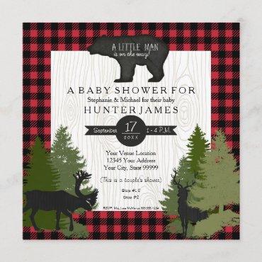 Bear Woodland Forest Lumberjack Plaid Baby Shower Invitation
