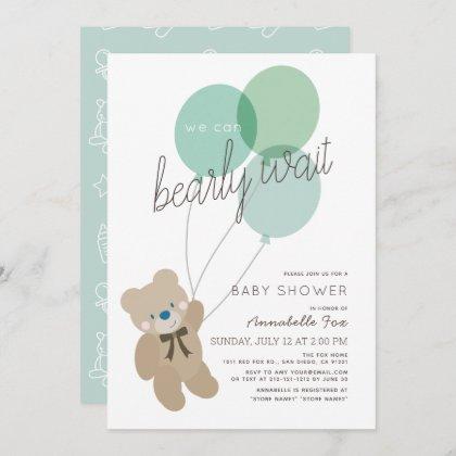 Bearly Wait Bear Mint Green Baby Shower Invitation