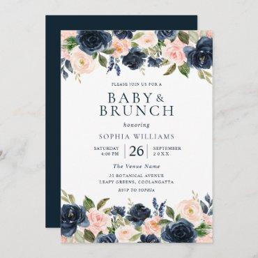 Beautiful Navy & Blush Floral Baby Shower Brunch Invitation