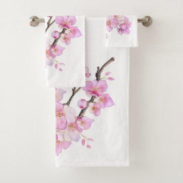Beautiful pink watercolor cherry blossoms  bath towel set
