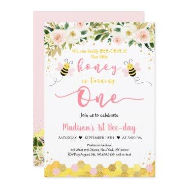 Bee Pink Gold Floral Girl First Birthday