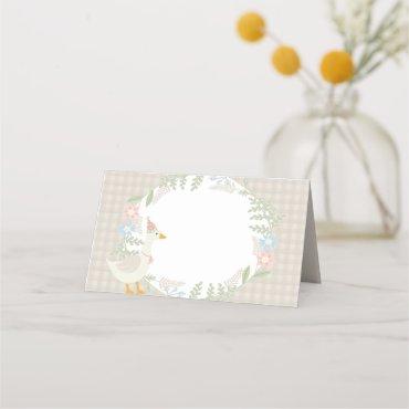 Beige Silly Goose Floral Gingham Baby Shower Place Card