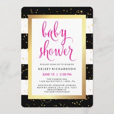 Black and White Stripes with Gold Baby Shower Invitation