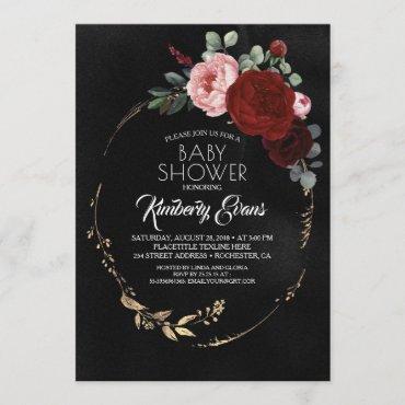 Black Burgundy Red and Gold Floral Baby Shower Invitation