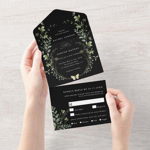 Black Elegant Watercolor Wildflower Wedding All In One