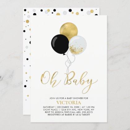 Black & Gold Balloons | Oh Baby Boy Baby Shower Invitation