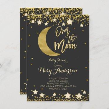 Black Gold Over the Moon Baby Shower Invitation