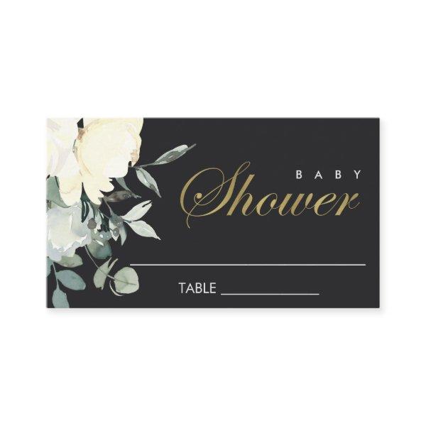 BLACK IVORY WHITE FLORAL WATERCOLOR BABY SHOWER PLACE CARD
