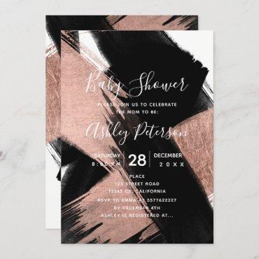 Black rose gold brushstroke typography baby shower invitation