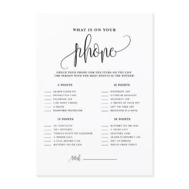 Black Script What's on Your Phone Shower Game Enclosure Card
