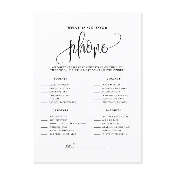 Black Script What's on Your Phone Shower Game Enclosure Card