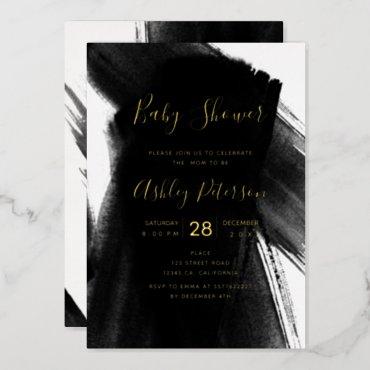 Black white brushstrokes typography baby shower foil invitation