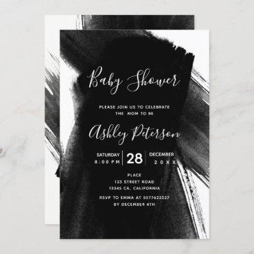 Black white brushstrokes typography baby shower invitation