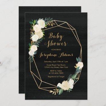 Black White Gold Floral Watercolor Baby Shower Invitation