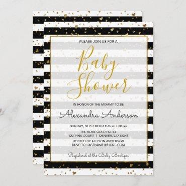 Black & White Gold Foil Hearts Girl's Baby Shower Invitation