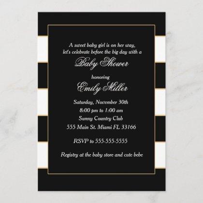 Black White Gold Stripes Baby Shower Invitation
