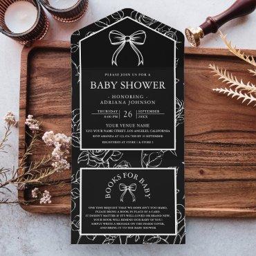 Black White Line Art Coquette Bow Baby Shower All In One