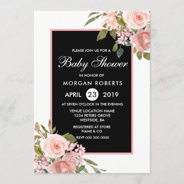 Black White Pink Rose Gold Flowers Baby Shower Invitation