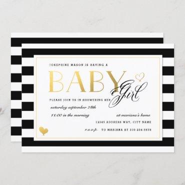 Black & White Stripe Baby Girl Shower Gold Accents Invitation