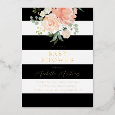 Black White Striped Floral Baby Shower Gold Foil Invitation