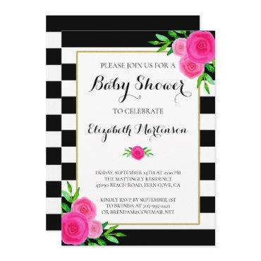 Black White Striped Watercolor Floral