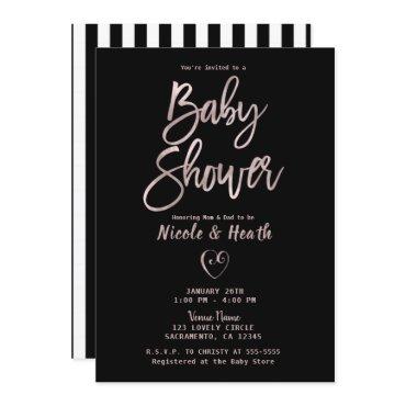 Black White Stripes Rose Gold Pink Baby Shower