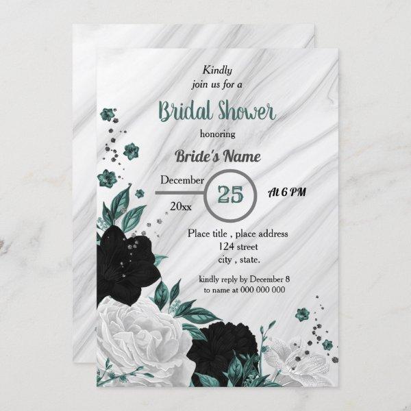 Black white & teal blue floral bridal shower