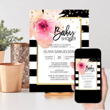Black White Watercolor Pink Floral