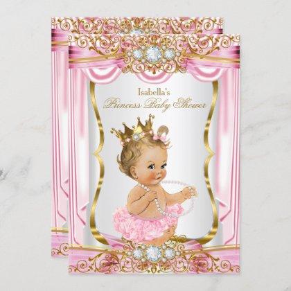 Blonde Girl Princess Baby Shower Pink Silk Gold Invitation