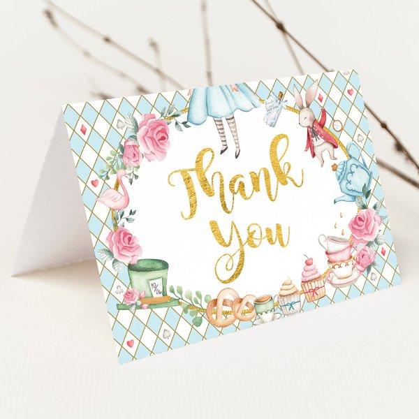 Blue Alice in Wonderland Tea Party Birthday Thank You Card