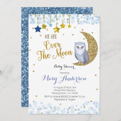 Blue and Gold Over the Moon Owl Baby Shower Invitation