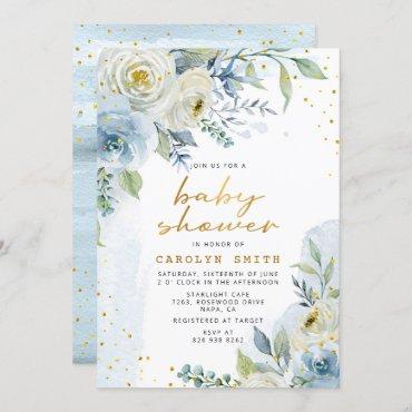 Blue and White Roses Floral Gold Foil Baby Shower Invitation