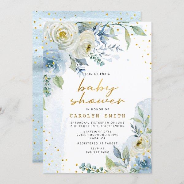Blue and White Roses Floral Gold Foil