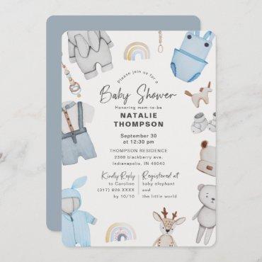 Blue Baby Clothes & Toys Boy Baby Shower Invitation