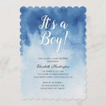Blue baby shower. It's a boy. Watercolor modern Invitation