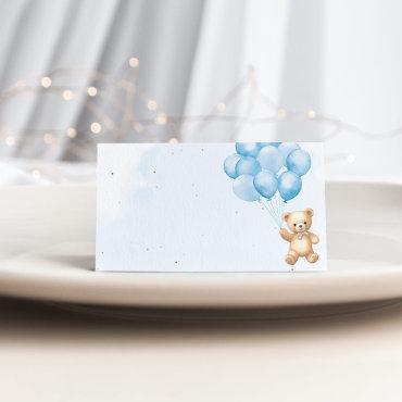 Blue balloons teddy bear baby shower place card