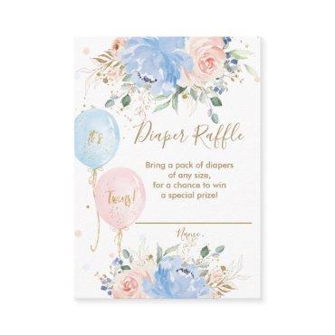 Blue Blush Floral Balloons Twins Diaper Raffle Enclosure Card