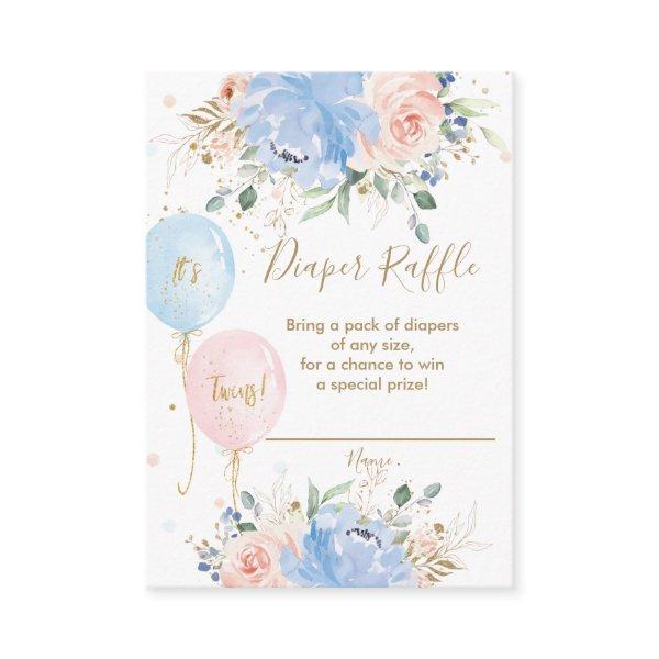 Blue Blush Floral Balloons Twins Diaper Raffle Enclosure Card